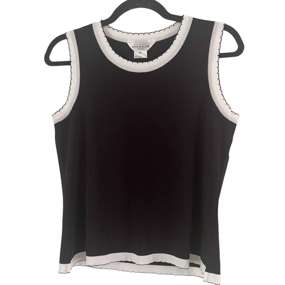 Misook Black Knit White Trim Preppy Academia Dressy Tank Top Sz Medium Petite